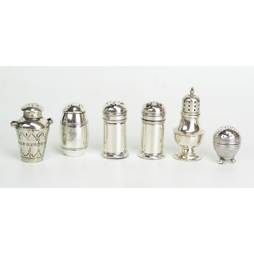 501 - Six assorted silver peperetttes, various makers and dates including continental silver churn-shaped ... 