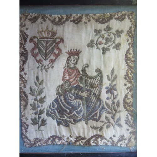 1155A - A Antique Irish Needlework Panel, depicting a Crowned Hibernia Female Figure Playing a Harp. Over Al... 