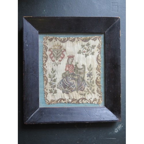 1155A - A Antique Irish Needlework Panel, depicting a Crowned Hibernia Female Figure Playing a Harp. Over Al... 