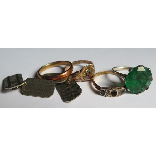429B - A Damaged 18ct Gold Ring (2.24g), 9ct signet ring (2.14g), yellow metal band (4.06g), pair of cuffli... 