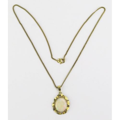 101 - An 18ct Gold and Opal Pendant, 16x12.5mm singlet stone, and on a 9ct gold chain, 15.75