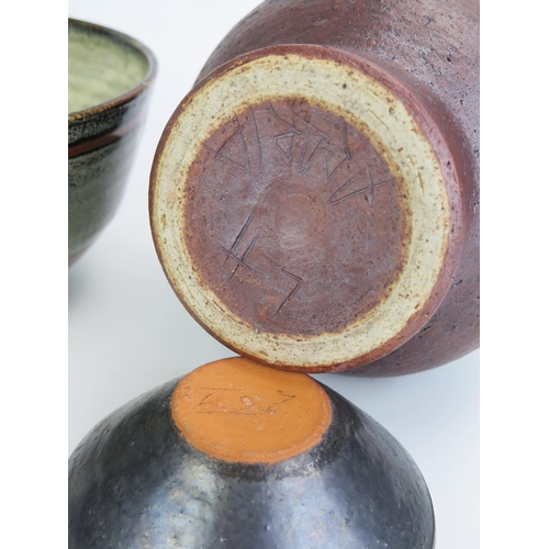 1014 - A studio pottery pedestal vase of circular form, incised to the base 'Arabia' and Potters Marks - L ... 