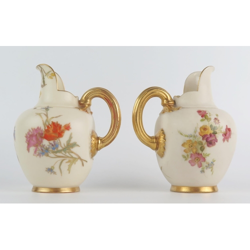 1050 - Two Royal Worcester blush ivory cream jugs with 1094 painted summer flowers decoration, puce marks, ... 