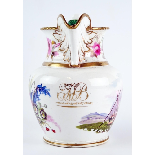 1051 - A 19th century English porcelain jug with rose decoration to the neck, gypsy encampment, monogram an... 