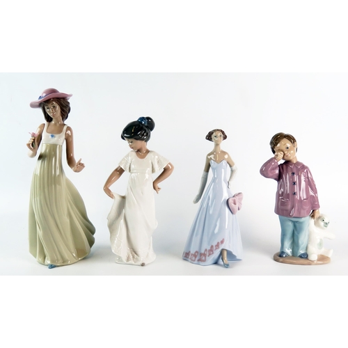 1054 - Lladro and Nao, four assorted porcelain figurines, young girls and both with a teddy bear. (4)