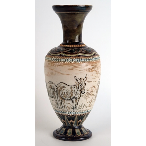 1065 - A Doulton Lambeth stoneware vase by Hannah Barlow, the central body with incised decoration of donke... 