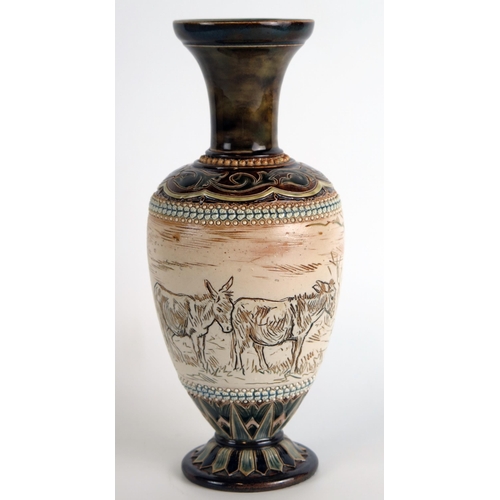 1065 - A Doulton Lambeth stoneware vase by Hannah Barlow, the central body with incised decoration of donke... 