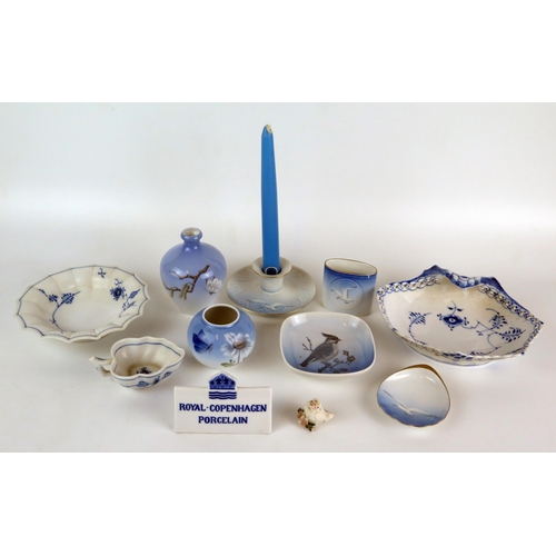 1075 - An assortment of Royal Copenhagen porcelain dishes, vase, bowl, candlestick advertising sign etc.