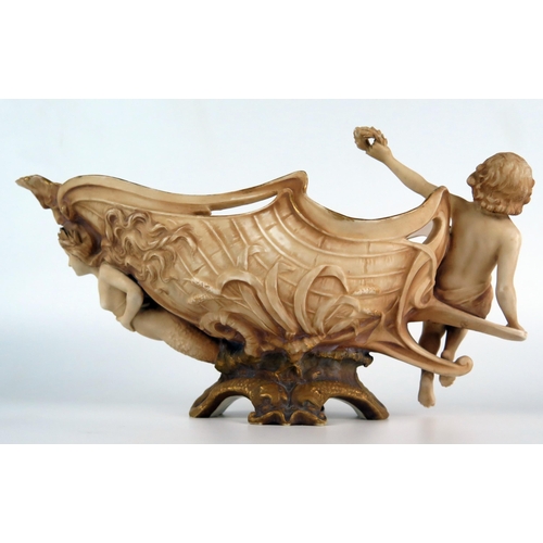 1079 - Turn Teplitz Wien Austria after Ernst Wahliss a porcelain boat-shaped vase with mermaid and putti de... 