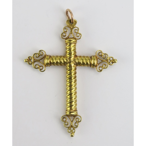 111 - An Antique Precious Yellow Metal Cross Pendant, KEE tested as 18ct, 62mm drop, 9.0g