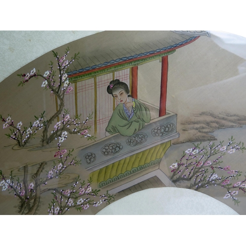 1110 - A Japanese hand painted fan leaf, decorated with a courtesan on a balcony surrounded by cherry bloss... 