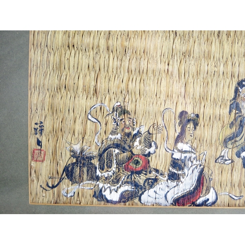 1132 - A Chinese painting on woven matting depicting a Tug-of-War between immortals, 16 x 56cm F & G