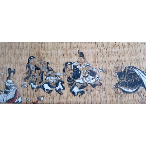 1132 - A Chinese painting on woven matting depicting a Tug-of-War between immortals, 16 x 56cm F & G