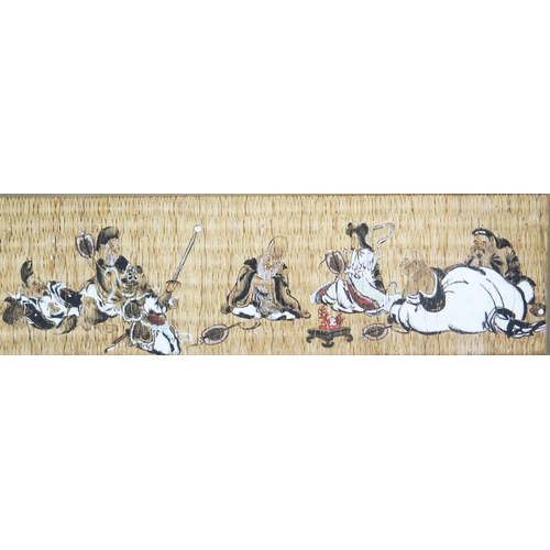 1133 - A Chinese painting on woven matting depicting seven seated immortals, 16x 56cm F & G.