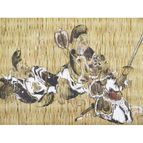 1133 - A Chinese painting on woven matting depicting seven seated immortals, 16x 56cm F & G.