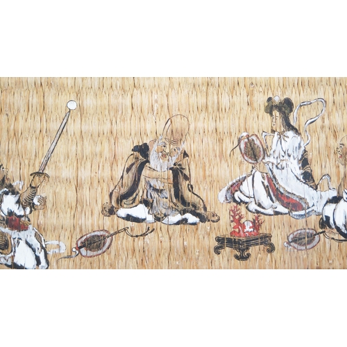 1133 - A Chinese painting on woven matting depicting seven seated immortals, 16x 56cm F & G.