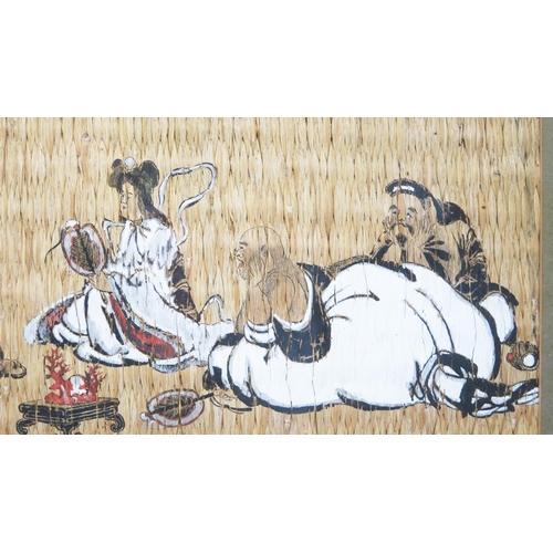 1133 - A Chinese painting on woven matting depicting seven seated immortals, 16x 56cm F & G.