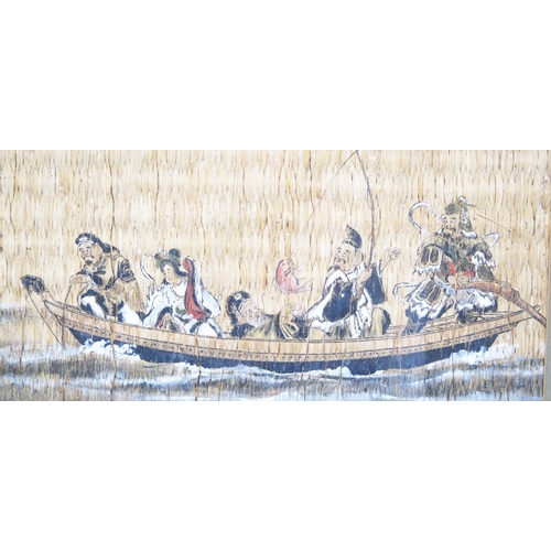 1134 - A Chinese painting on woven matting depicting seven immortals in fishing boats, 16 x 56cm F & G.