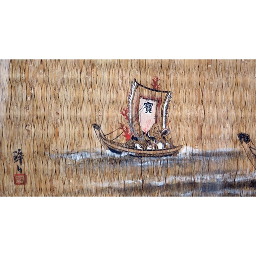 1134 - A Chinese painting on woven matting depicting seven immortals in fishing boats, 16 x 56cm F & G.