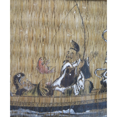 1134 - A Chinese painting on woven matting depicting seven immortals in fishing boats, 16 x 56cm F & G.