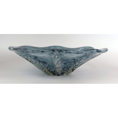 1161 - An art glass bowl of circular form with wavy edge border and variegated blue and white cloud effect ... 