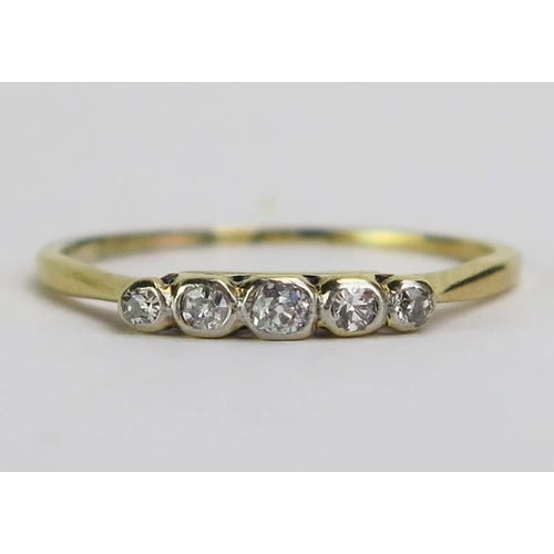 119 - A Diamond Five Stone Ring in a precious yellow metal setting, KEE tested as 18ct size N.5, 1.35g