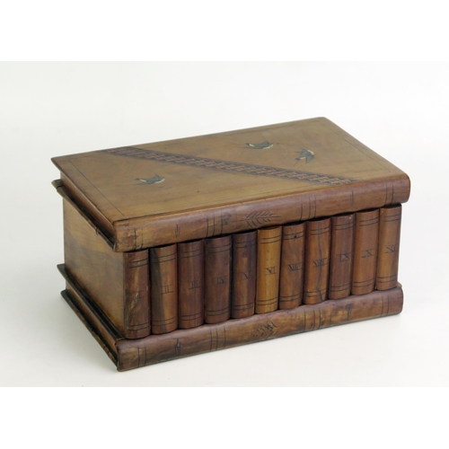 1204 - A treen jewellery box with parquetry banded decoration in the form of books, 23cm wide.