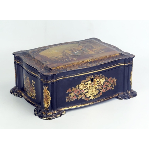 1205 - A Victorian papier-mache sewing box, of rectangular outline,  the hinged lid decorated with a contin... 