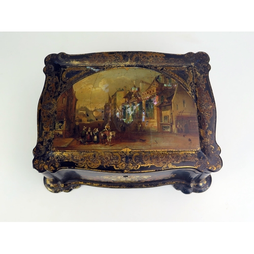 1205 - A Victorian papier-mache sewing box, of rectangular outline,  the hinged lid decorated with a contin... 