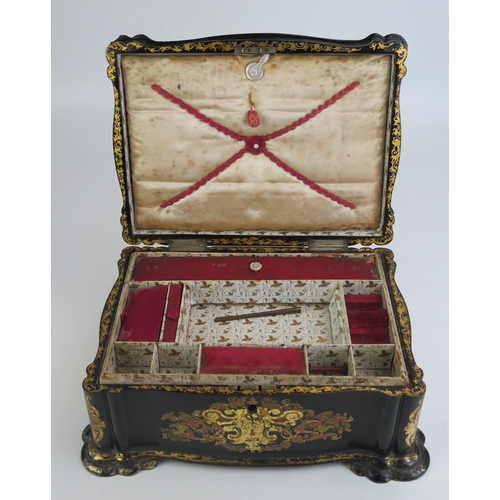 1205 - A Victorian papier-mache sewing box, of rectangular outline,  the hinged lid decorated with a contin... 