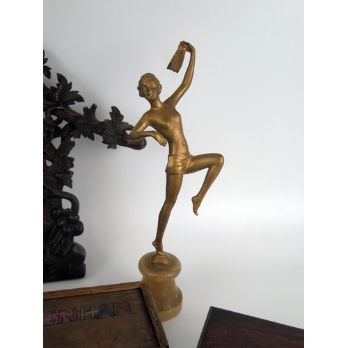 1215 - An Art Deco period gilt metal statue of a semi-nude female dancer28cm high, a Mauchline ware box, a ... 