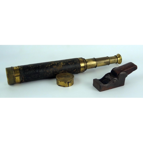 1216 - A 19th century brass and leather three drawer telescope, together with a steel plane stamped James H... 