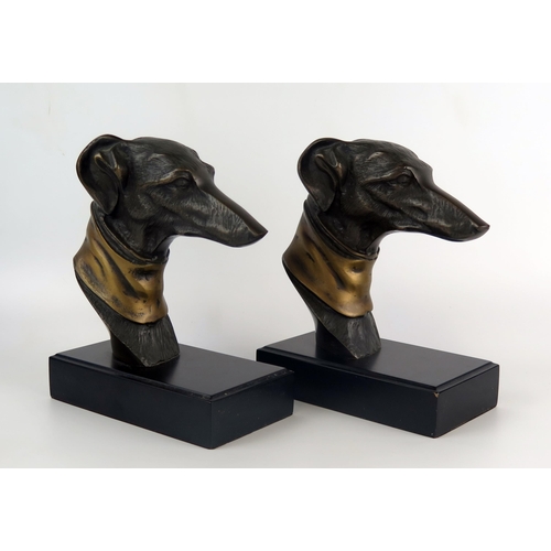 1219 - After John Richard, a  pair of bronzed metal bust of whippets, mounted on rectangular bases, 22cm hi... 