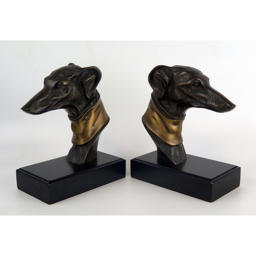 1219 - After John Richard, a  pair of bronzed metal bust of whippets, mounted on rectangular bases, 22cm hi... 