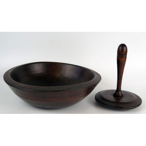 1220 - A 19th century turned wood fruit bowl, 30.5cm diameter, together with a turned treen darning mushroo... 