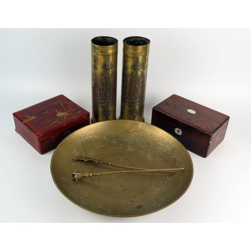 1221 - A pair of World War One Turkish decorated German shell cases, a Chinese brass charger, Japanese lacq... 