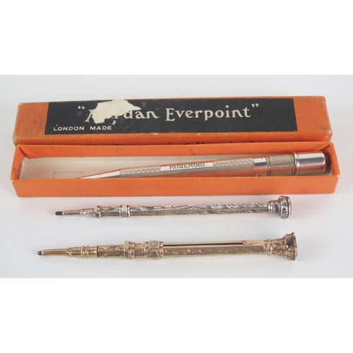 1228 - A 9ct gold propelling pencil, a silver propelling pencil and a Mordan 'Everpoint' propelling pencil ... 