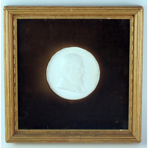 1229 - A plaster cameo plaque of Charles Ward Tyler, dated 1885, mounted in a velvet mount F & G, 10cm diam... 