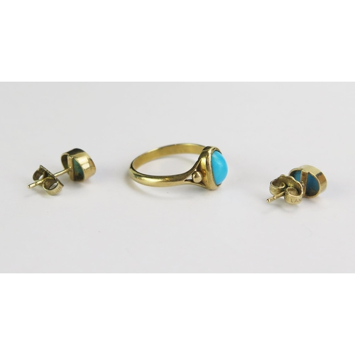 123 - A Precious Yellow Metal and Turquoise Ring, size J.5 and a pair of earrings, KEE tested as 9ct, 2.93... 