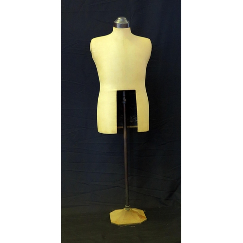 1242 - A Vintage anodised metal and linen covered shop mannequin, on an adjustable column and square base.