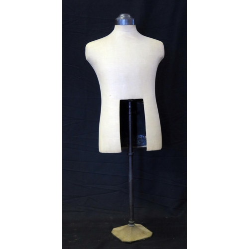 1243 - A Vintage anodised metal and linen covered shop mannequin, on an adjustable column and square base.