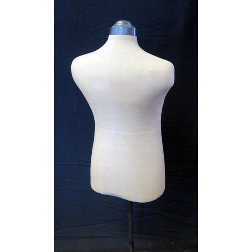 1243 - A Vintage anodised metal and linen covered shop mannequin, on an adjustable column and square base.