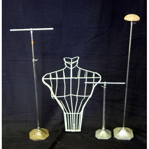 1250 - A vintage adjustable hat stand, together with two adjustable scarf stands and a wire female mannequi... 