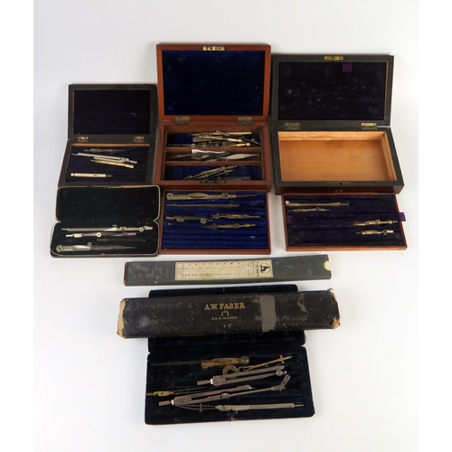 1253 - A collection of cased drawing instruments, slide rule, boxes etc.