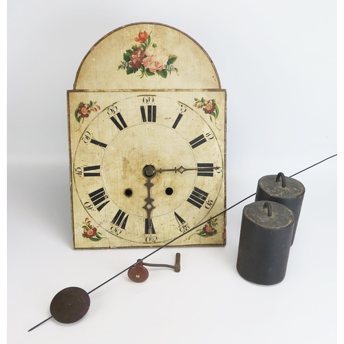 1288 - A late 18th century wall clock, with painted wooden arched 30cm dial, with painted floral sprays to ... 