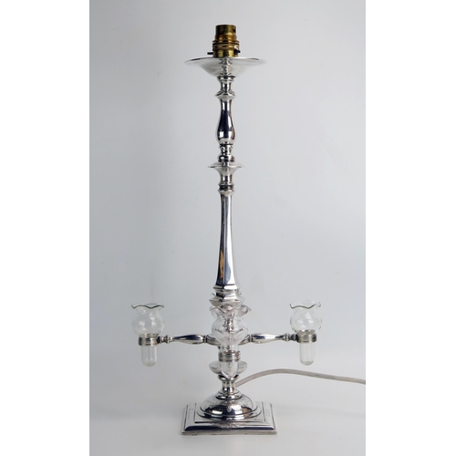 1297 - A Masonic silver plated four branch table lamp, inscribed, with clear glass sconces. 48cm high, toge... 