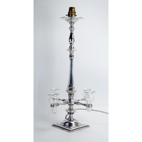 1297 - A Masonic silver plated four branch table lamp, inscribed, with clear glass sconces. 48cm high, toge... 