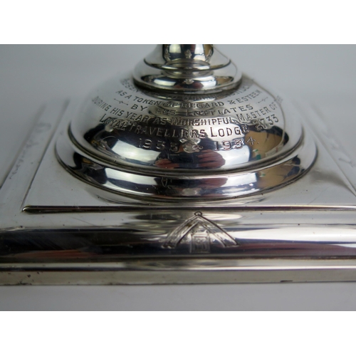 1297 - A Masonic silver plated four branch table lamp, inscribed, with clear glass sconces. 48cm high, toge... 