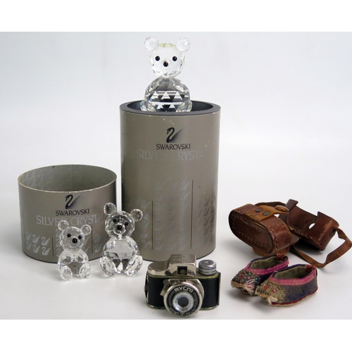 1303 - Sanwa & Co, a 'Mycro' miniature camera in stitched leather case. together with three Swarski crystal... 