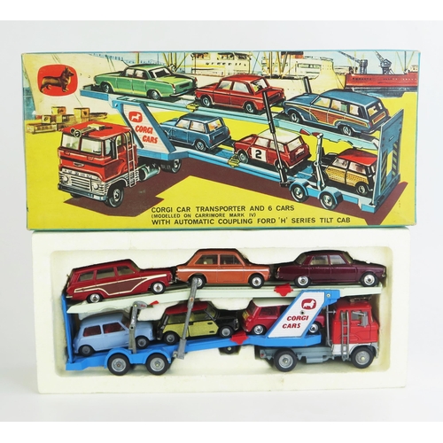 Corgi GS41 Gift Set "Transporter Set" containing Ford Articulated Car Transporter with 6 cars - (1) Rover 2000 in maroon, cream interior, spun hubs, (2) Hillman Imp in metallic bronze, white side stripe, spun hubs, (3) Ford Consul Cortina Super Estate Car in red, wood effect side panels, spun hubs, (4) BMC Mini Cooper S "International Rally", red body and interior, white roof, spun hubs, (5) Morris Mini Cooper 'Wickerwork' in black, red roof, yellow interior, cast hubs, (6) Morris Mini Cooper in pale blue. red interior, cast hubs - models are generally very good to near mint in excellent to near mint box
